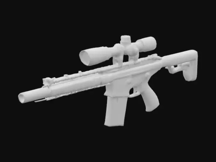3D model for create a purple camouflage light machine gun, give it a powerful scope and a bulky body with a big gradient of different shades of purple