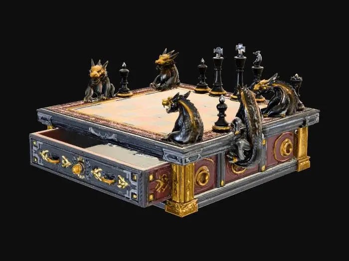 3D model for A midevil regulation-size chessboard with gold and silver squares, framed with a border covered in leathery shaped dragon scales, with a built-in storage drawerand smalll fierce dragons sitting upon the 4 -corners