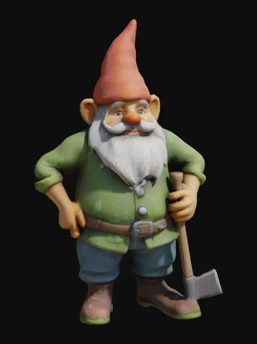 3D model for A bearded garden gnome, inspired by the The Sims 4 game, with a hand-painted texture and traces of rain exposure.

The gnome is standing, one hand on his waist and the other holding a pickaxe. , #garden#,   