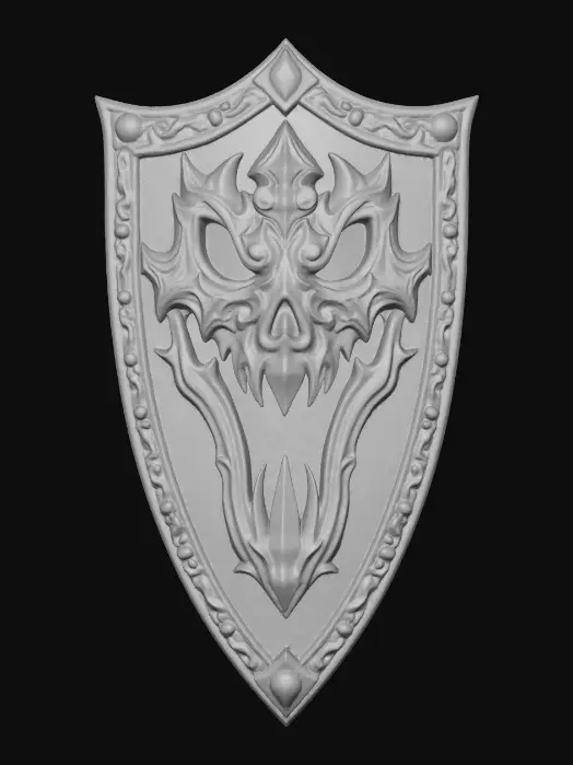 3D model for A warrior’s shield, coated in black enamel, featuring a detailed, ornate jack-o’-lantern emblem. The jack-o’-lantern glows in deep orange tones, with sinister black eyes, nose, and mouth carved in sharp, menacing detail. The design is intricately engraved and surrounded by gothic filigree metalwork. The shield’s surface gleams under moody lighting, with reflections emphasizing its craftsmanship and eerie Halloween atmosphere. Highly detailed, hyper-realistic, cinematic lighting, dark fantasy art style., #Halloween2025#