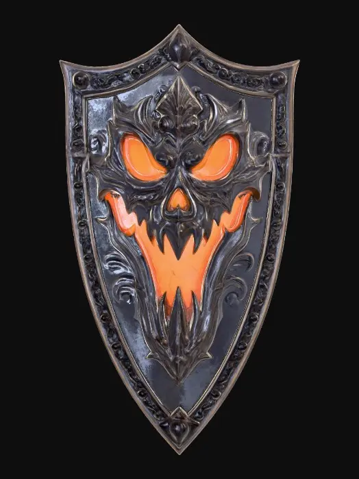 3D model for A warrior’s shield, coated in black enamel, featuring a detailed, ornate jack-o’-lantern emblem. The jack-o’-lantern glows in deep orange tones, with sinister black eyes, nose, and mouth carved in sharp, menacing detail. The design is intricately engraved and surrounded by gothic filigree metalwork. The shield’s surface gleams under moody lighting, with reflections emphasizing its craftsmanship and eerie Halloween atmosphere. Highly detailed, hyper-realistic, cinematic lighting, dark fantasy art style., #Halloween2025#