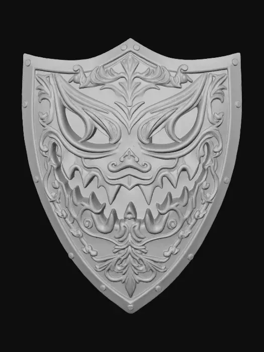3D model for A warrior’s shield, coated in  black enamel, featuring a detailed, ornate jack-o’-lantern emblem. The jack-o’-lantern glows in deep orange tones, with sinister black eyes, nose, and mouth carved in sharp, menacing detail. The design is intricately engraved and surrounded by gothic filigree metalwork. The shield’s surface gleams under moody lighting, with reflections emphasizing its craftsmanship and eerie Halloween atmosphere. Highly detailed, hyper-realistic, cinematic lighting, dark fantasy art style., #Halloween2025#