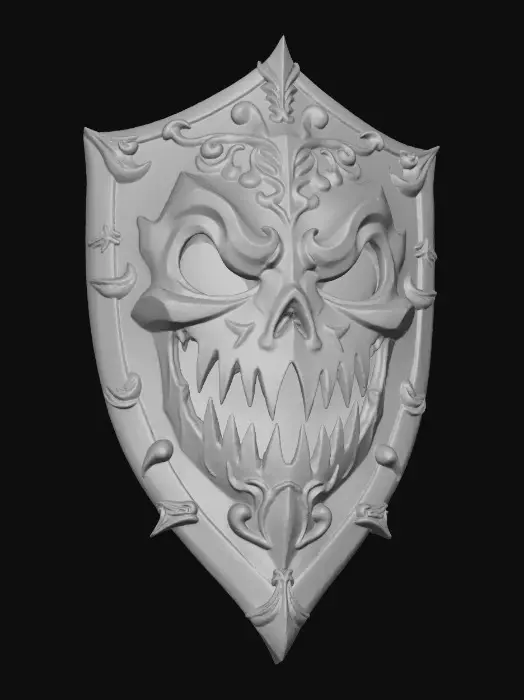 3D model for A warrior’s shield, coated in  black enamel, featuring a detailed, ornate jack-o’-lantern emblem. The jack-o’-lantern glows in deep orange tones, with sinister black eyes, nose, and mouth carved in sharp, menacing detail. The design is intricately engraved and surrounded by gothic filigree metalwork. The shield’s surface gleams under moody lighting, with reflections emphasizing its craftsmanship and eerie Halloween atmosphere. Highly detailed, hyper-realistic, cinematic lighting, dark fantasy art style., #Halloween2025#