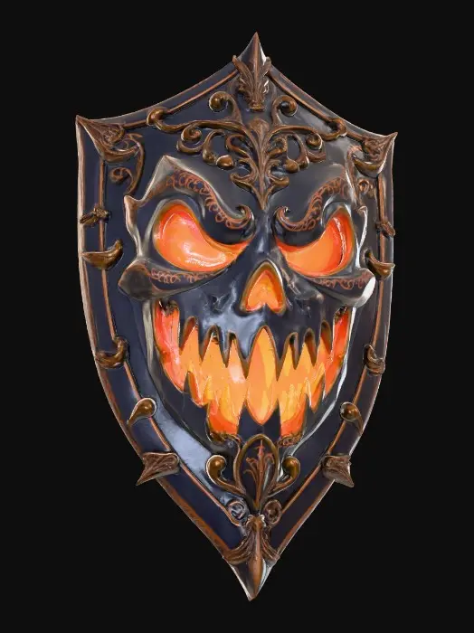 3D model for A warrior’s shield, coated in  black enamel, featuring a detailed, ornate jack-o’-lantern emblem. The jack-o’-lantern glows in deep orange tones, with sinister black eyes, nose, and mouth carved in sharp, menacing detail. The design is intricately engraved and surrounded by gothic filigree metalwork. The shield’s surface gleams under moody lighting, with reflections emphasizing its craftsmanship and eerie Halloween atmosphere. Highly detailed, hyper-realistic, cinematic lighting, dark fantasy art style., #Halloween2025#