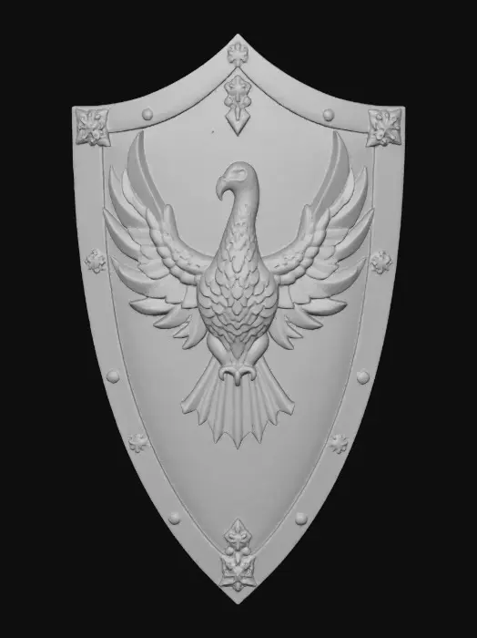 3D model for A warrior’s shield, coated in black enamel, featuring a detailed, ornate Turkey emblem. The Turkey glows in deep orange tones, with sinister black eyes, nose, and mouth carved in sharp, menacing detail. The design is intricately engraved and surrounded by gothic filigree metalwork. The shield’s surface gleams under moody lighting, with reflections emphasizing its craftsmanship and eerie Thanksgiving atmosphere. Highly detailed, hyper-realistic, cinematic lighting, dark fantasy art style., #Thanksgiving#