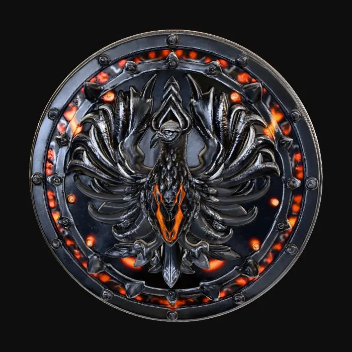 3D model for A warrior’s shield, coated in black enamel, featuring a detailed, ornate Turkey emblem. The Turkey glows in deep orange tones, with sinister black eyes, nose, and mouth carved in sharp, menacing detail. The design is intricately engraved and surrounded by gothic filigree metalwork. The shield’s surface gleams under moody lighting, with reflections emphasizing its craftsmanship and eerie Thanksgiving atmosphere. Highly detailed, hyper-realistic, cinematic lighting, dark fantasy art style., #Thanksgiving#