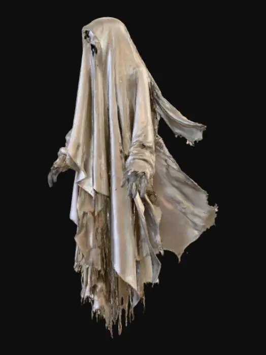 3D model for Generate a full body image of a cloth ghost make it spooky tattered and worn with stains on it