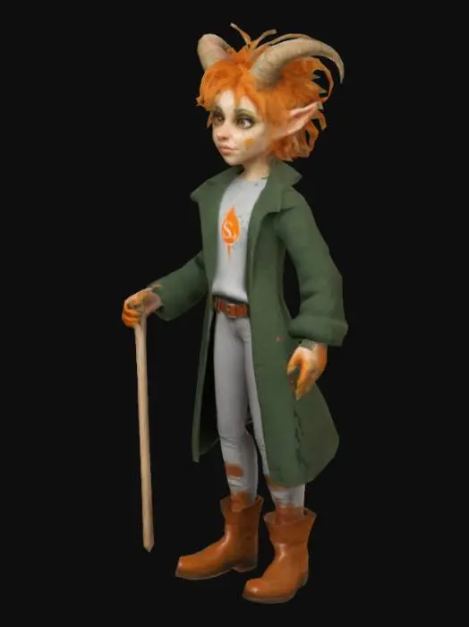 3D model for A 20-something satyr girl with orange skin and messy hair, looking annoyed. She’s wearing a long green coat with a mandrake logo over a gray wool sweater, tight pants, and brown boots. She holds a white wand in her hand.