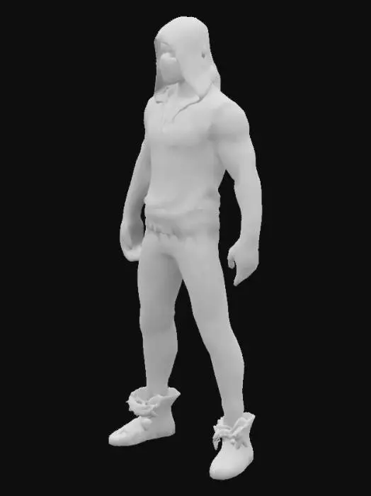 3D model for a 26-year-old boy with athletic body and thick eyebrows, short dark hair, and a black mask over his mouth. He wears a futuristic white hooded suit with tight black pants and moccasins. A black spiderweb design is on his chest. 5'9" height