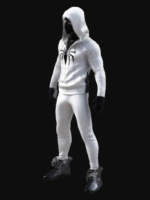 3D model for a 26-year-old boy with athletic body and thick eyebrows, short dark hair, and a black mask over his mouth. He wears a futuristic white hooded suit with tight black pants and moccasins. A black spiderweb design is on his chest. 5'9" height