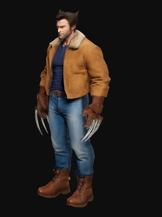 3D model for Wolverine in casual clothes with fur suede jacket, jeans and brown boots. 5'9'' height. 