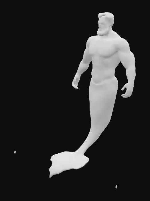 3D model for  a 26-year-old merman with an athletic body and aqua-green hair and a dark beard. His tail matches his hair color while his torso in normal human color skin.