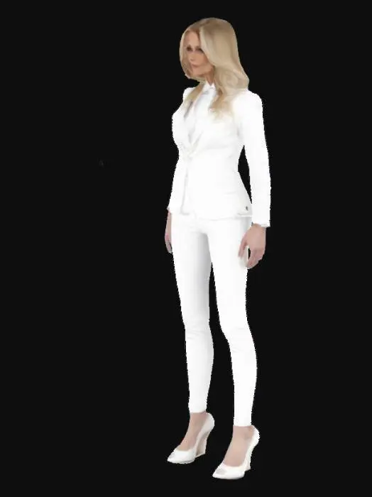 3D model for 40-year-old girl with long blonde hair, wearing white tuxedo with long white pants and white high heels.. Style looks elegant. 5'8'' height