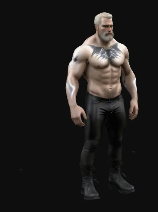 3D model for Platinum blonde Henry Cavill with beard; black lightning tattoo on the pectoral; muscular body; black tight pants and black boots;  5'9'' height, game ready 3d model, detailed