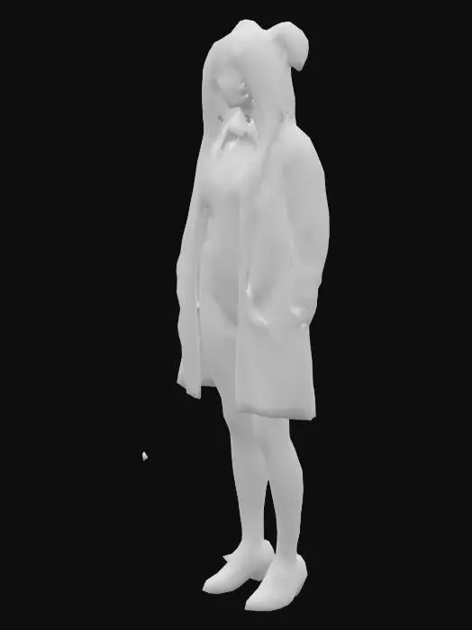 3D model for Sabrina Carpenter, blonde straight hair with two buns and light blue eyes, blue blouse, a white coat, gray shoes, 5'8'' height, game ready 3d model, detailed, A-Pose