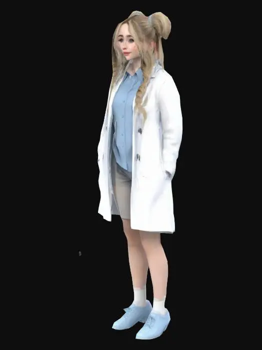3D model for Sabrina Carpenter, blonde straight hair with two buns and light blue eyes, blue blouse, a white coat, gray shoes, 5'8'' height, game ready 3d model, detailed, A-Pose
