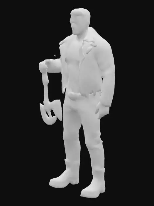 3D model for a 30-year-old man with short platinum blonde hair, wearing a rock-style leather jacket that reveals his muscular chest. He wears jeans and black boots. He has an electric rune embedded in his chest and holds an axe. 