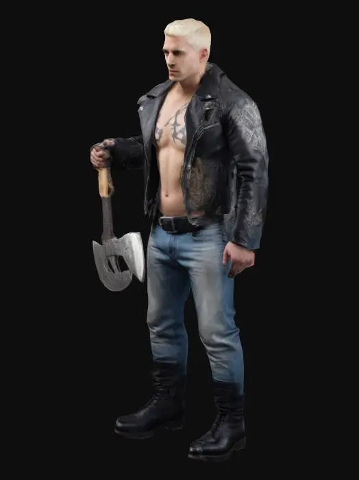 3D model for a 30-year-old man with short platinum blonde hair, wearing a rock-style leather jacket that reveals his muscular chest. He wears jeans and black boots. He has an electric rune embedded in his chest and holds an axe. 