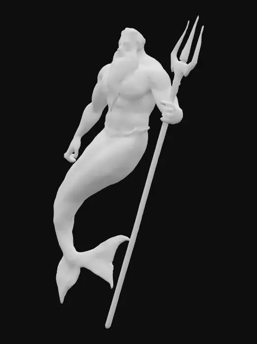 3D model for  a merman with white hair and a long white beard, a blue merman tail front and back; a muscular physique, holding a trident in his hand, 5'8'' height, game ready 3d model, detailed