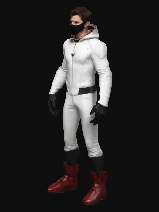 3D model for Tom Holland with thick eyebrows, short dark hair, and a black mask over his mouth. He wears a futuristic white hooded suit with tight black pants and moccasins, rugged textures, adorned with red armor pieces, Highly Detailed, Ultra Realistic, Full Body, A-pose