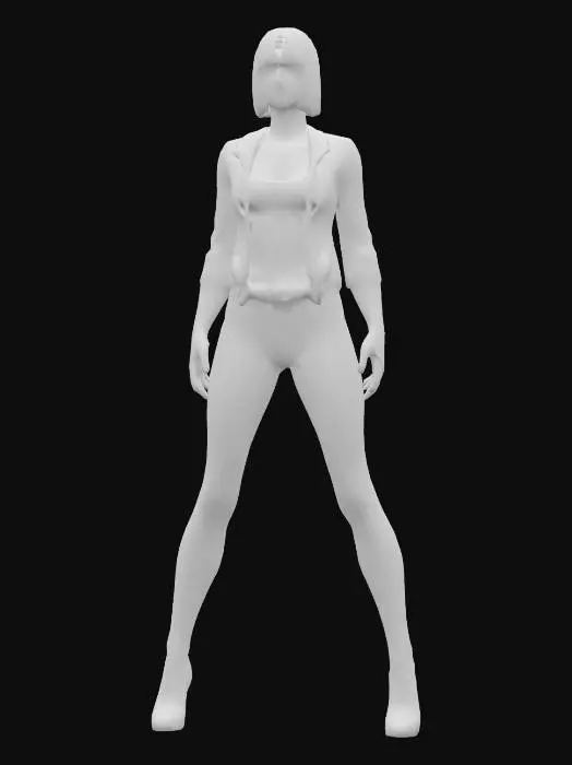 3D model for Angelina Jolie, a 25-year-old woman with a black bob haircut, light blue eyes, and pronounced cheekbones. She wears a black corset, a leather jacket, black leggins and black High heels, 5'9'' height, Highly Detailed, Ultra Realistic, Full Body, A-pose