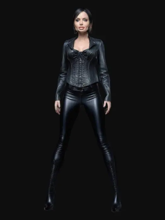 3D model for Angelina Jolie, a 25-year-old woman with a black bob haircut, light blue eyes, and pronounced cheekbones. She wears a black corset, a leather jacket, black leggins and black High heels, 5'9'' height, Highly Detailed, Ultra Realistic, Full Body, A-pose