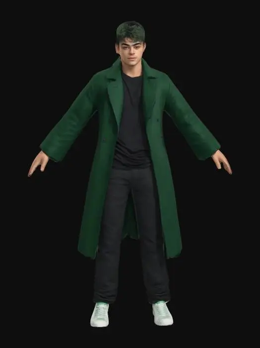 3D model for Noah Centineo, 25-year-old boy with shaved black hair  and  green highlights in the hair, wearing a black shirt, a long green coat, black pants, and white low-top sneakers; 5'8'' height Highly Detailed, Ultra Realistic, Full Body, A-pose