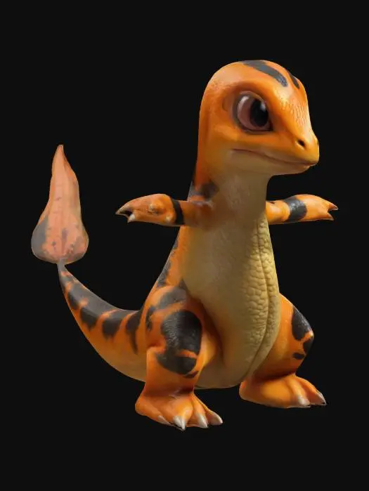 3D model for A Charmander lizard with black stripes on the back. Short height, Detailed, Ultra Realistic, Full Body, T-pose