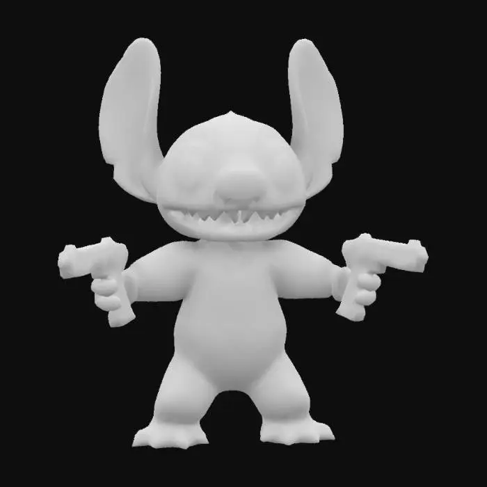 3D model for Galactic Stitch with orange spacesuit, two blasters in the hands; Highly Detailed, Ultra Realistic, Full Body, A-pose