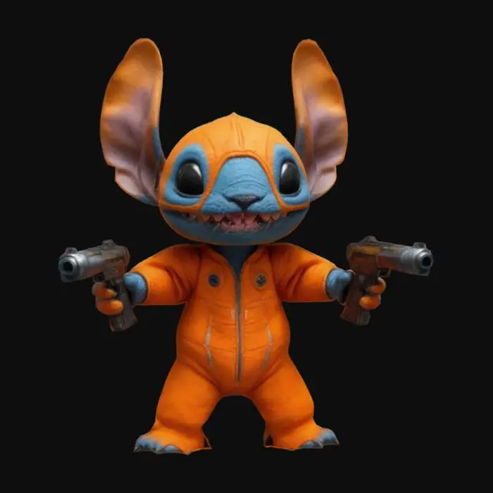 3D model for Galactic Stitch with orange spacesuit, two blasters in the hands; Highly Detailed, Ultra Realistic, Full Body, A-pose