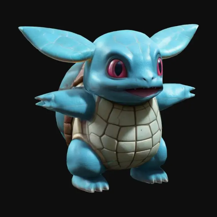 3D model for A Squirtle with cute ears and neon runes on the back, short height, Highly Detailed, Ultra Realistic, Full Body, T-pose