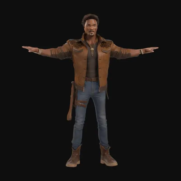 3D model for Full-body  of a 28-year-old muscular Zulu warrior Will Smith, afro brown hair, arms outstretched, feet flat. Dark skin with subtle tribal markings, serious expression, sharp facial structure. Wears  brown animal printed jacket with rigged armor and blach shirt, jeans,white sneakers. Visible fingers, toes, elbows, knees. Neutral warm umber textured background, soft even lighting. 8K stylized realism, no shadows. Sharp ZBrush-like detailing. Cyberpunk attire and anatomy clearly defined for rigging.


