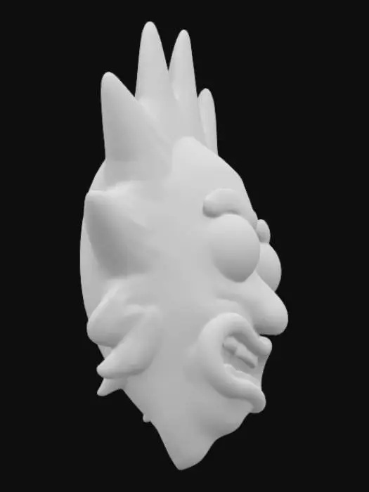 3D model for A 3D pendant inspired by Rick Sanchez's head from Rick and Morty, featuring his spiky blue hair, wild eyes, and chaotic expression. The design captures his eccentric personality with exaggerated features, optimized for 3D printing with smooth lines and a small loop for chain attachment.