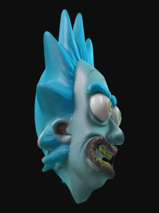 3D model for A 3D pendant inspired by Rick Sanchez's head from Rick and Morty, featuring his spiky blue hair, wild eyes, and chaotic expression. The design captures his eccentric personality with exaggerated features, optimized for 3D printing with smooth lines and a small loop for chain attachment.