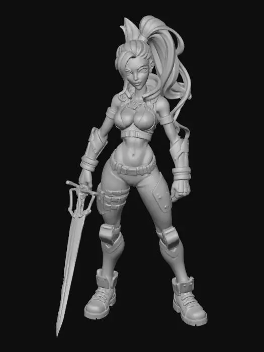 3D model for "Fortnite-style female character, athletic build, wearing futuristic combat armor with neon accents, wielding a glowing energy sword, dynamic action pose, expressive face, high detail textures, game-ready 3D model, colorful, cartoonish style, background transparent"