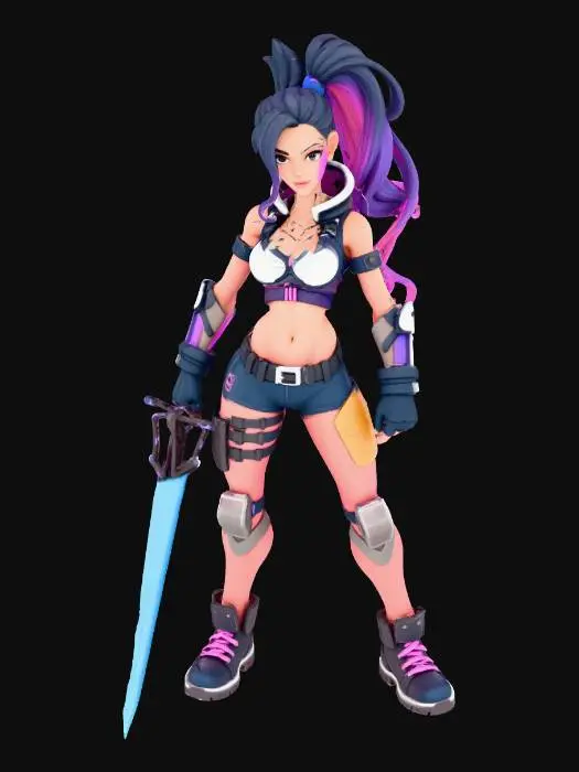 3D model for "Fortnite-style female character, athletic build, wearing futuristic combat armor with neon accents, wielding a glowing energy sword, dynamic action pose, expressive face, high detail textures, game-ready 3D model, colorful, cartoonish style, background transparent"
