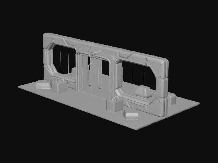 3D model for Futuristic sci-fi wall panel set for a walk-in store interior, modular metal-glass surfaces, soft ambient neon accents (cyan & magenta), sleek clean design, large transparent sliding door integrated, wide open walkway, high-tech minimal furnishings visible in background, medium resolution render, isometric perspective