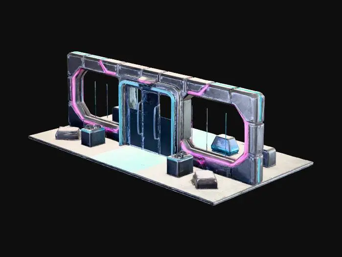 3D model for Futuristic sci-fi wall panel set for a walk-in store interior, modular metal-glass surfaces, soft ambient neon accents (cyan & magenta), sleek clean design, large transparent sliding door integrated, wide open walkway, high-tech minimal furnishings visible in background, medium resolution render, isometric perspective