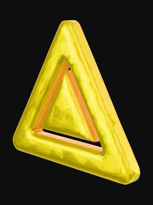 3D model for Close-up of glowing yellow triangular corona marker from GTA San Andreas, floating semi-transparent yellow arrow triangle icon, lens flare bloom effect, pure black background, high contrast, retro game UI element, pixel-perfect, sharp edges with soft glowing aura, classic yellow entrance indicator, video game prompt, no text, no background --ar 1:1 --style raw --v 6