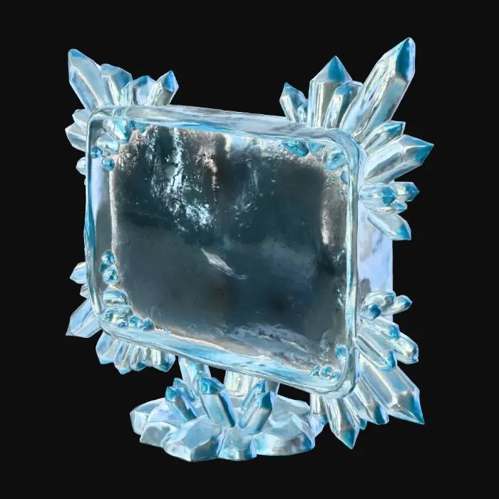 3D model for An ice crystal rectangle square rock board plank where you can write something in the center but it is empty blank, surrounded with blue ice crystals on the board