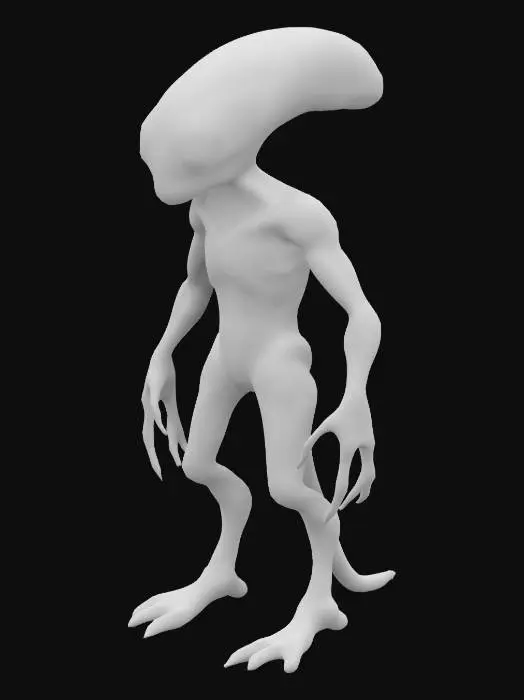 3D model for an Alien with long hands, Highly detailed and well defined features, 