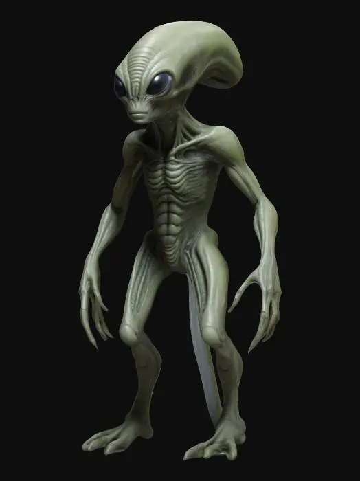 3D model for an Alien with long hands, Highly detailed and well defined features, 