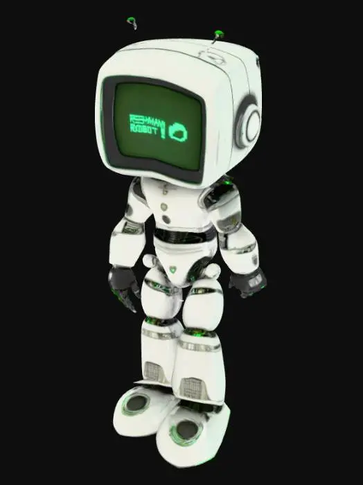 3D model for A humanoid robot with a retro CRT television as its head. The TV screen is dark glass with glowing green text displayed. The robot body is made of shiny metallic parts with joints, bolts, and wires. Realistic textures, detailed PBR materials with scratches and brushed steel. Standing in a neutral pose, sci-fi style.

