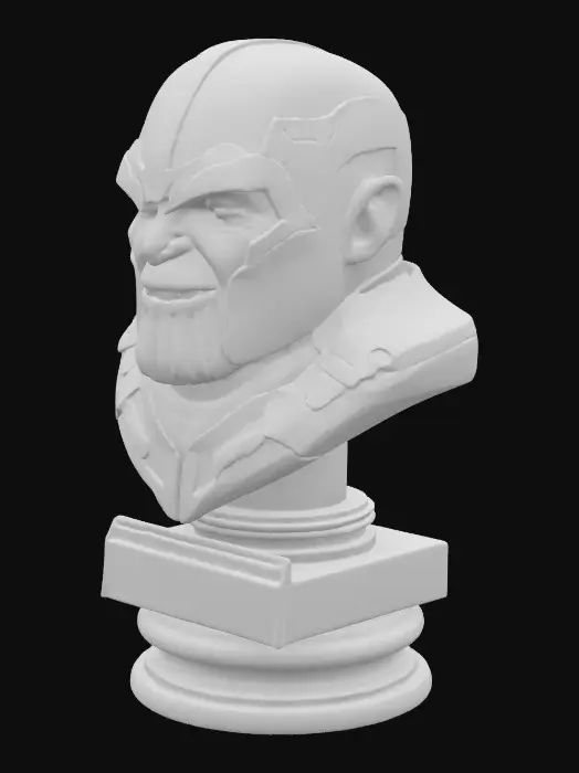 3D model for produce a 3d model bust of Thanos. high detail. with hard surfaces and inn gold armor. angry face with arrogAnce SMILE. make it solid all the through the model. add a pedestal