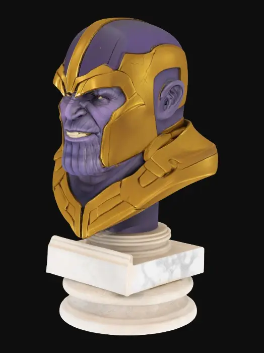 3D model for produce a 3d model bust of Thanos. high detail. with hard surfaces and inn gold armor. angry face with arrogAnce SMILE. make it solid all the through the model. add a pedestal
