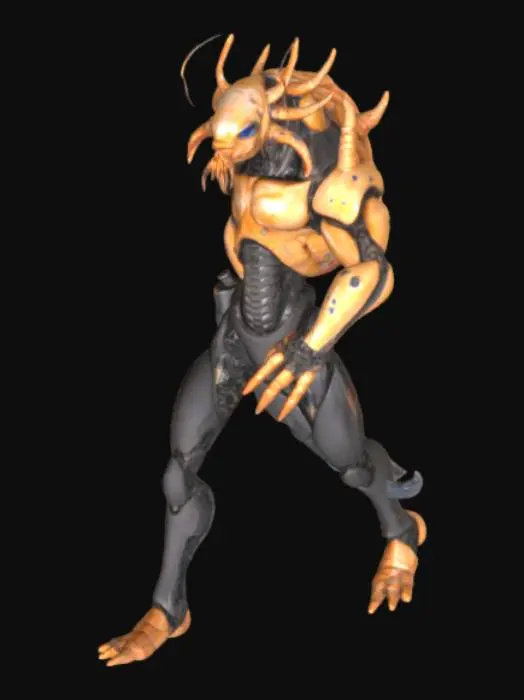 3D model for Piston Shrimp Man (PSM)
*5'9" wiry-muscular frame coiled like a spring. Mottled sandy-brown skin. Oversized bio-mechanical claw on right arm—segmented exoskeleton with internal blue glow, ends in hinged "pistol" joint. Left arm normal. Minimalist black tactical suit. Eyes dark; movements twitchy/nervous. Brawler fighting style: hot-headed, explosive. Strategy: relentless sonic/concussive barrages to overwhelm foes. One-trick specialist with catastrophic destructive power.*