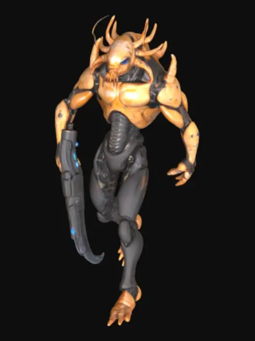 3D model for Piston Shrimp Man (PSM)
*5'9" wiry-muscular frame coiled like a spring. Mottled sandy-brown skin. Oversized bio-mechanical claw on right arm—segmented exoskeleton with internal blue glow, ends in hinged "pistol" joint. Left arm normal. Minimalist black tactical suit. Eyes dark; movements twitchy/nervous. Brawler fighting style: hot-headed, explosive. Strategy: relentless sonic/concussive barrages to overwhelm foes. One-trick specialist with catastrophic destructive power.*