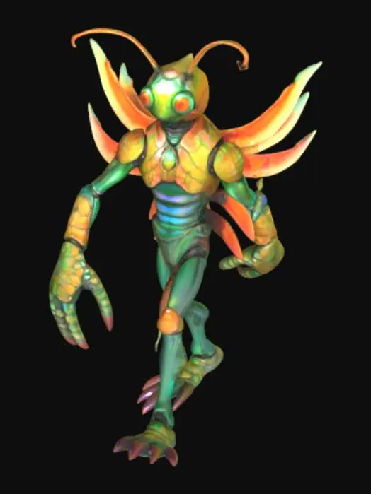 3D model for Mantis Shrimp Man (MSM)
*6'4" heavyweight build with alien grace. Iridescent skin shifts emerald-to-orange. Multifaceted eyes rotate independently for 360° vision; head antennae twitch. Wears segmented bio-armor like crustacean carapace—pearlescent, flexible, ultra-resilient. Primary weapons: two oversized raptorial appendages (smasher-shrimp clubs) folded at chest. Master tactician: patient predator who strikes with blinding speed + overwhelming force. Relies on surprise and single-blow devastation.*