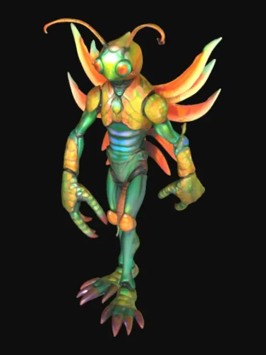 3D model for Mantis Shrimp Man (MSM)
*6'4" heavyweight build with alien grace. Iridescent skin shifts emerald-to-orange. Multifaceted eyes rotate independently for 360° vision; head antennae twitch. Wears segmented bio-armor like crustacean carapace—pearlescent, flexible, ultra-resilient. Primary weapons: two oversized raptorial appendages (smasher-shrimp clubs) folded at chest. Master tactician: patient predator who strikes with blinding speed + overwhelming force. Relies on surprise and single-blow devastation.*