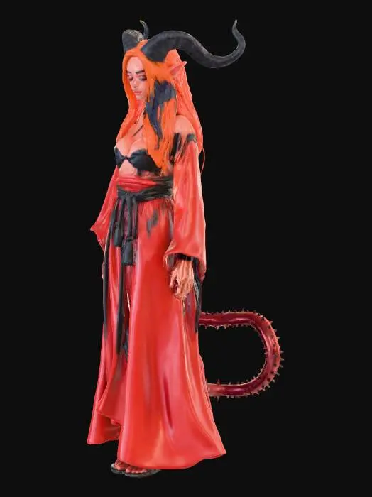 3D model for A tiefling female monk horns forming a crown on her head, bright red skin, auburn hair, black horns and a barbed tail